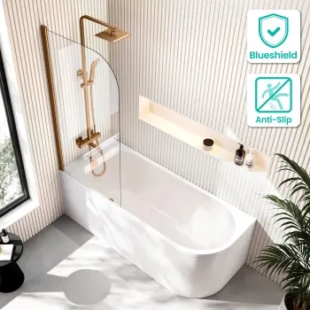Turku 1700 Space Saving Shower Bath & 6mm Easy Clean Brushed Copper Bath Screen - Left Handed