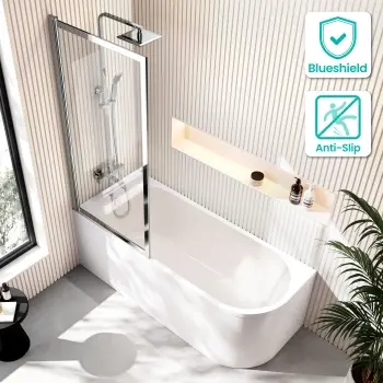 Turku 1700 Space Saving Shower Bath & Premium 8mm Easy Clean Chrome Framed Bath Screen - Left