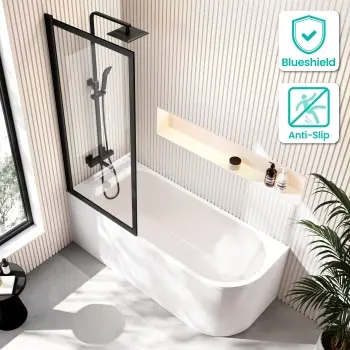 Turku 1700 Space Saving Shower Bath & Premium 8mm Easy Clean Matt Black Framed Bath Screen - Left
