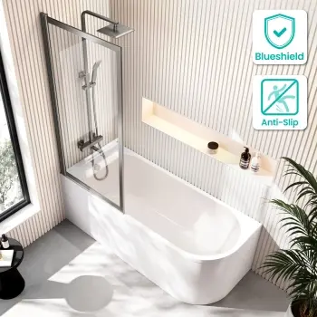 Turku 1700 Space Saving Shower Bath & Premium 8mm Brushed Gunmetal Framed Bath Screen - Left