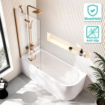 Turku 1700 Space Saving Shower Bath & 6mm Easy Clean Brushed Copper Folding Bath Screen - Left