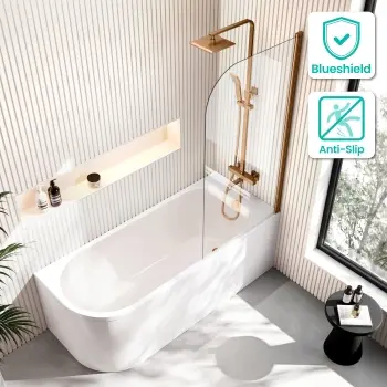 Turku 1700 Space Saving Shower Bath & 6mm Easy Clean Brushed Copper Bath Screen - Right Handed