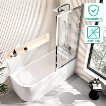 Turku 1700 Space Saving Shower Bath & Premium 8mm Easy Clean Chrome Framed Bath Screen - Right