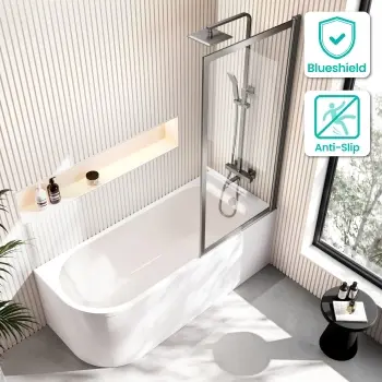 Turku 1700 Space Saving Shower Bath & Premium 8mm Brushed Gunmetal Framed Bath Screen - Right