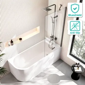 Turku 1700 Space Saving Shower Bath & 6mm Easy Clean Brushed Gunmetal Folding Bath Screen - Right