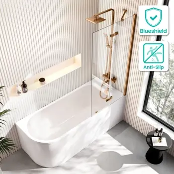 Turku 1700 Space Saving Shower Bath & 6mm Easy Clean Brushed Copper Folding Bath Screen - Right