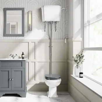 Hudson Traditional Toilet With High-Level Cistern and Dove Grey Wooden Seat