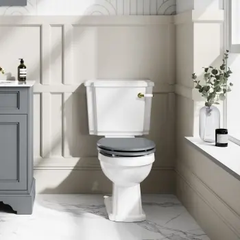 Hudson Traditional Close Coupled Toilet With Dove Grey Wooden Seat - Brushed Brass Lever
