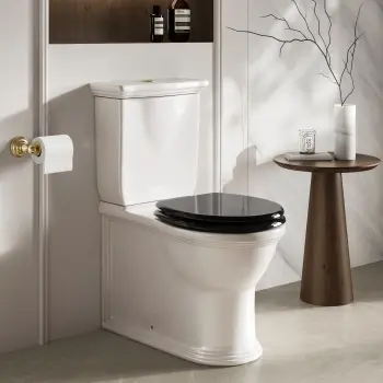 Alma Traditional Rimless Close Coupled Toilet With Gloss Black Soft Close Seat Brushed Brass Hinges