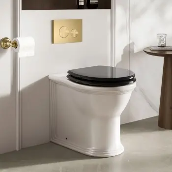 Alma Traditional Rimless Back To Wall Toilet With Gloss Black Soft Close Seat Brushed Brass Hinges