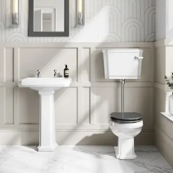 Hudson Traditional Low-Level Toilet With Graphite Grey Seat & Pedestal Basin - Double Tap Hole