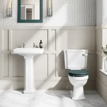 Hudson Traditional Toilet With Midnight Green Seat & Pedestal Basin Set - Double Tap Hole