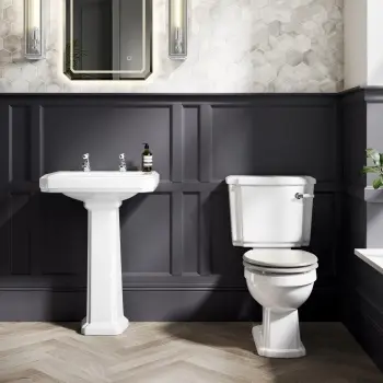Hudson Traditional Toilet With Cotton White Seat & Pedestal Basin Set - Double Tap Hole