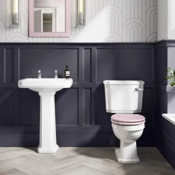 Hudson Traditional Toilet With Cashmere Pink Seat & Pedestal Basin Set - Double Tap Hole