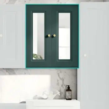 Midnight Green Wall Hung Mirror Cabinet 700x600mm - Brushed Brass Accents