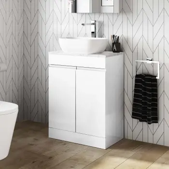 Trent Gloss White Vanity with Marble Top & Curved Counter Top Basin 600mm