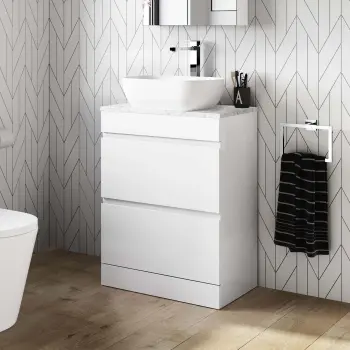 Trent Gloss White Vanity Drawer with Marble Top & Curved Counter Top Basin 600mm