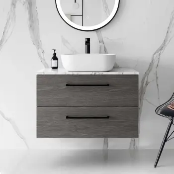Elba Charcoal Elm Wall Hung Vanity Marble Top & Curved Counter Top Basin 800mm - Black Accents