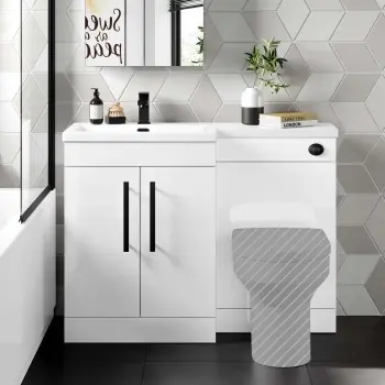 Avon Gloss White Basin Vanity and Back To Wall Unit 1100mm - Black Accents - Left Handed