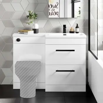 Avon Gloss White Basin Vanity Drawer and Back To Wall Unit 1100mm - Black Accents - Right Handed