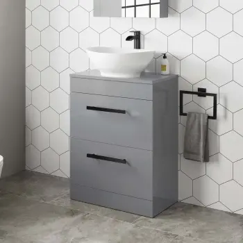 Avon Stone Grey Vanity Drawer with Oval Counter Top Basin 600mm - Black Accents