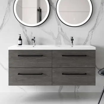 Elba Charcoal Elm Wall Hung Double Basin Drawer Vanity 1200mm - Black Accents
