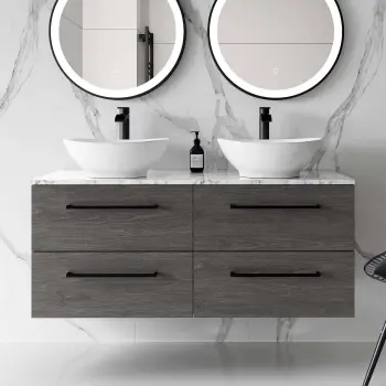 Elba Charcoal Elm Double Wall Hung Vanity with Marble Top & Oval Basin 1200mm - Black Accents