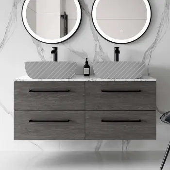 Elba Charcoal Elm Wall Hung Drawer with Marble Top 1200mm Excludes Basins - Black Accents