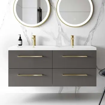 Elba Graphite Grey Wall Hung Double Basin Drawer Vanity 1200mm - Brushed Brass Accents
