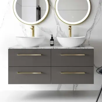 Elba Graphite Grey Double Wall Hung Vanity Marble Top & Oval Basin 1200mm - Brushed Brass Accents