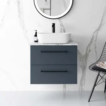 Elba Inky Blue Wall Hung Drawer Vanity Marble Top & Curved Counter Top Basin 600mm - Black Accents