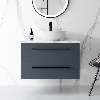 Elba Inky Blue Wall Hung Drawer Vanity Marble Top & Oval Counter Top Basin 800mm - Black Accents
