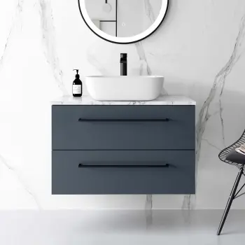 Elba Inky Blue Wall Hung Drawer Vanity Marble Top & Curved Counter Top Basin 800mm - Black Accents