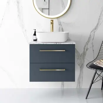 Elba Inky Blue Wall Hung Vanity Marble Top & Curved Counter Top Basin 600mm - Brushed Brass Accents