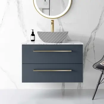 Elba Inky Blue Wall Hung Drawer 800mm Excludes Counter Top Basin - Brushed Brass Accents