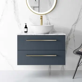 Elba Inky Blue Wall Hung Vanity Marble Top & Curved Counter Top Basin 603mm - Brushed Brass Accents