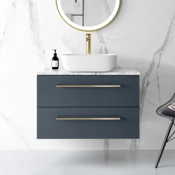 Elba Inky Blue Wall Hung Vanity Marble Top & Curved Counter Top Basin 604mm - Brushed Brass Accents