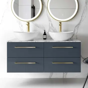 Elba Inky Blue Double Wall Hung Vanity Marble Top & Oval Basin 1200mm - Brushed Brass Accents