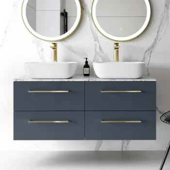 Elba Inky Blue Double Wall Hung Vanity Marble Top & Curved Basin 1200mm - Brushed Brass Accents