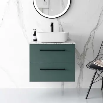 Elba Midnight Green Wall Hung Vanity Marble Top & Curved Counter Top Basin 600mm - Black Accents