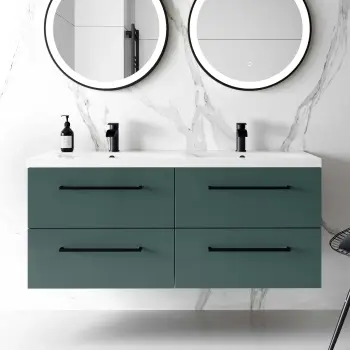 Elba Midnight Green Wall Hung Double Basin Drawer Vanity 1200mm - Black Accents