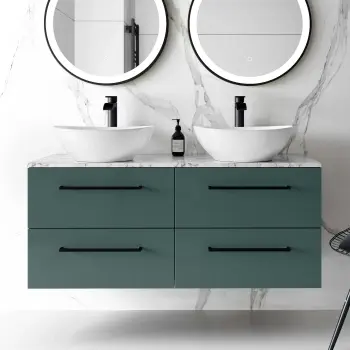 Elba Midnight Green Double Wall Hung Drawer Vanity Marble Top & Oval Basin 1200mm - Black Accents