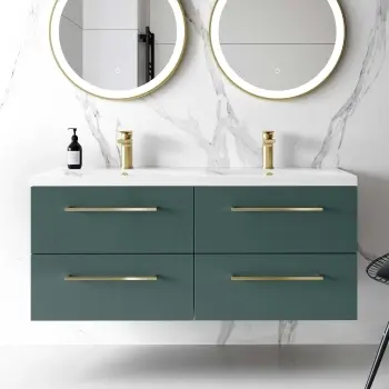 Elba Midnight Green Wall Hung Double Basin Drawer Vanity 1200mm - Brushed Brass Accents