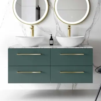 Elba Midnight Green Double Wall Hung Vanity Marble Top & Oval Basin 1200mm - Brushed Brass Accents