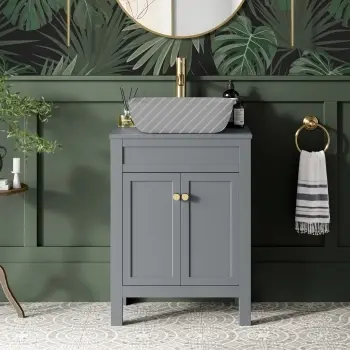 Bermuda Dove Grey Cabinet 600mm Excludes Counter Top Basin - Brushed Brass Accents