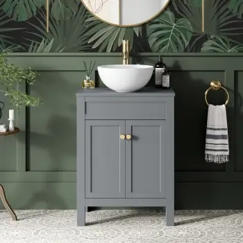 Bermuda Dove Grey Vanity with Round Counter Top Basin 600mm - Brushed Brass Accents
