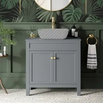 Bermuda Dove Grey Cabinet 800mm Excludes Counter Top Basin - Brushed Brass Accents