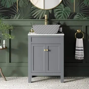 Bermuda Dove Grey Cabinet with Marble Top 600mm Excludes Counter Top Basin - Brushed Brass Accents