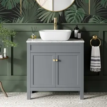 Bermuda Dove Grey Vanity with Marble Top & Curved Counter Top Basin 800mm - Brushed Brass Accents