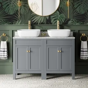 Bermuda Dove Grey Vanity with Marble Top & Curved Counter Top Basin 1200mm - Brushed Brass Accents